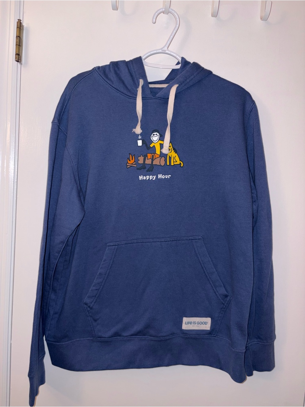 Life Is Good | Navy Crewneck Hoodie with 'Happy Hour' Graphic